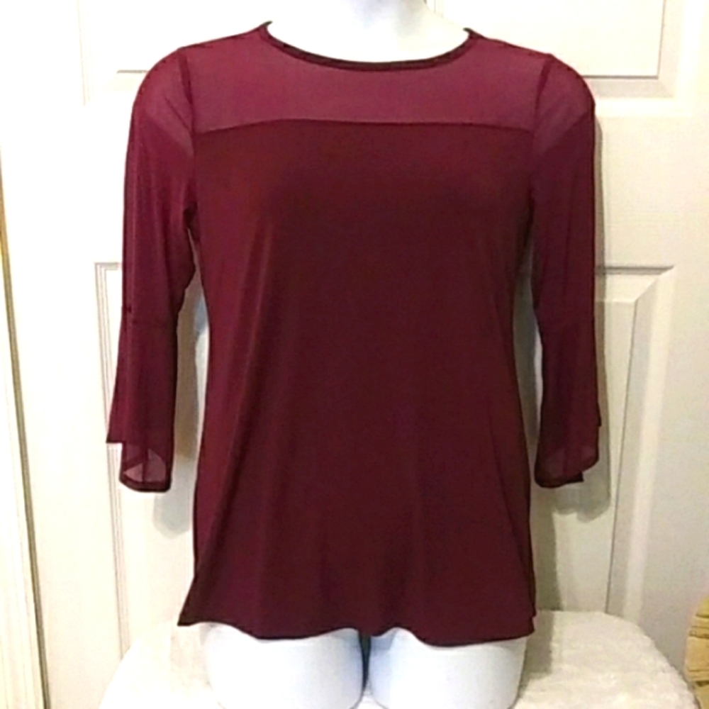 Women's Dressy Purple Stretch Knit Blouse Top with Sheer Yoke 3/4 Slve Sz Small